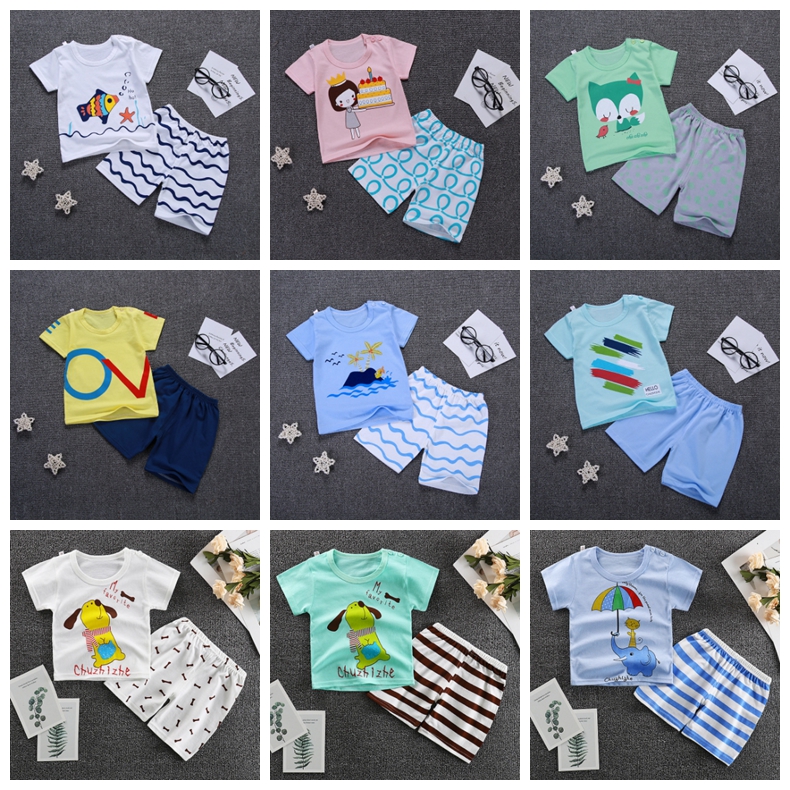 

Baby Boy Clothes Set Cartoon Baby Girls Shirts Short Pants 2pcs Set Short Sleeve Toddler Outfits Summer Kids Clothing 15 Designs DHW3329, 1 lot=1tops+1short pants