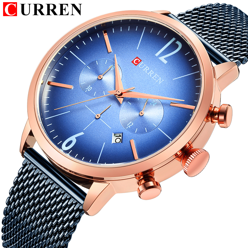 

CURREN Fashion Quartz Watch Men Sport Chronograph Date Clock Business Male Wrist Watch Mesh Steel Band Hodinky Relogio Masculino, Black