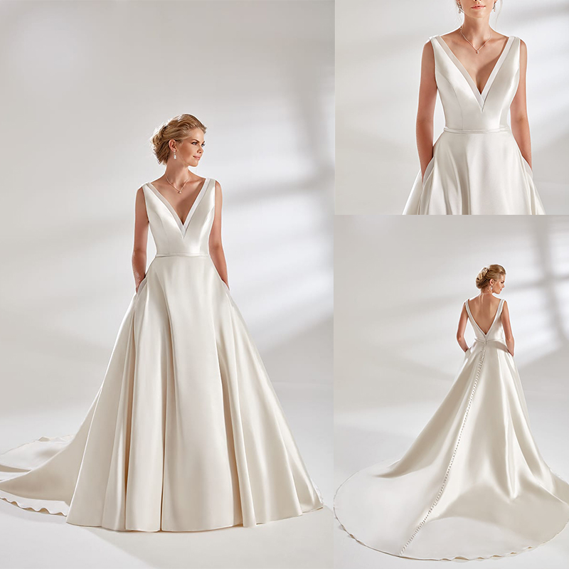 

Eddy K Couture A Line Wedding Dress Covered Button V Neck Sleeveles Satin Wedding Dresses Sweep Train Bridal Gowns, Brown
