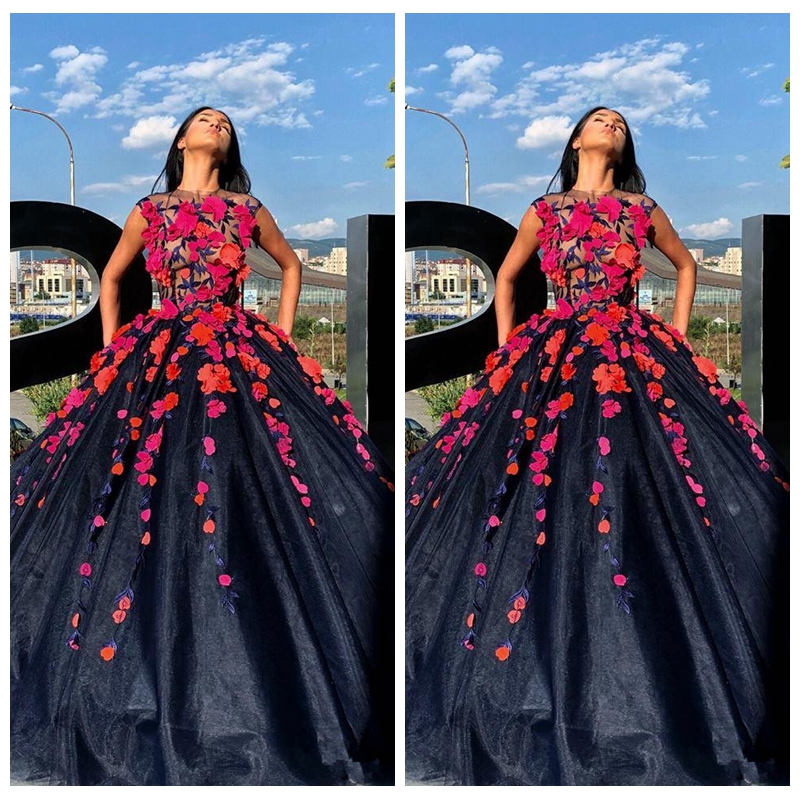 

Sheer Embroidery Ball Gown Prom Dresses 2020 With 3D Flowers Adorned Formal Long Evening Party Gowns Custom Cap Sleeveless, Green