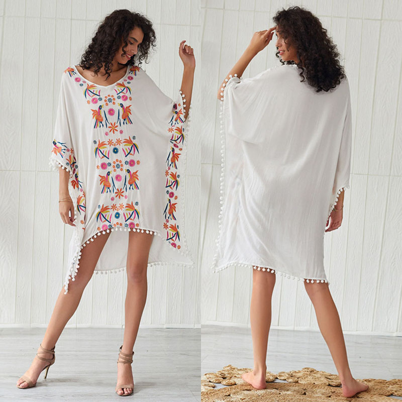 

European and American Dress Women's New Model Bohemian National Style Embroidered Beach Skirt Spot Dress, White