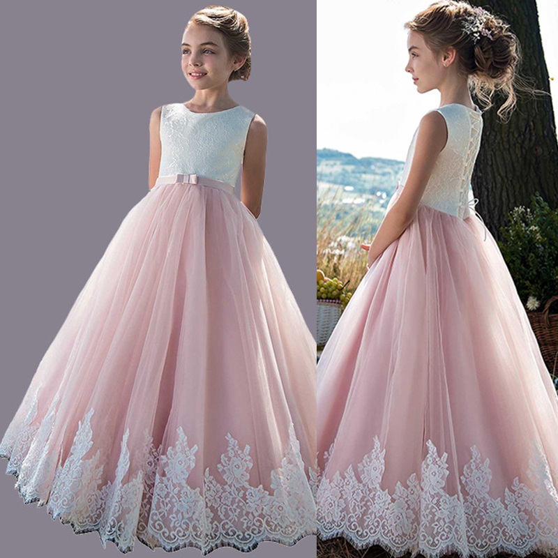 

Elegant Flower Girl Dress for Wedding Kids Sleeveless Lace Tulle Pageant Girl Gowns Long Princess Dresses Girls Party Dresses, Pink