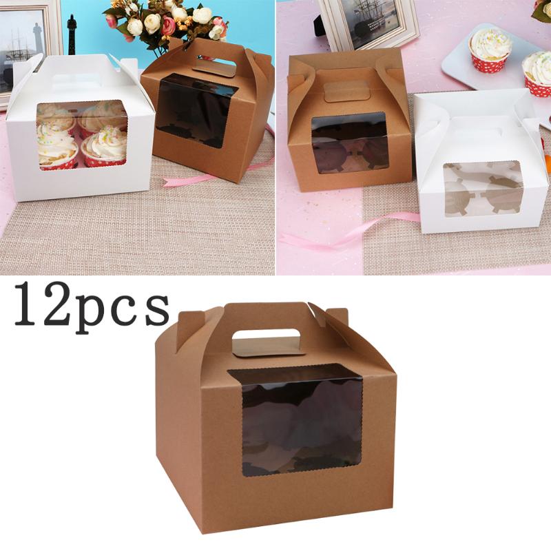 

10pcs 4 Cavities Cup Cake Box With Window Paper Cupcake Box With Handle Insert Container Portable Dessert Carriers Wedding Party