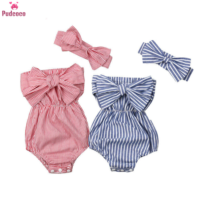 

Newest Fashion Newborn Baby Girl Clothes Off Shoulder Bowknot Striped Bodysuit Jumpsuit Headband 2Pcs Outfits Set 6-24 Months, Blue