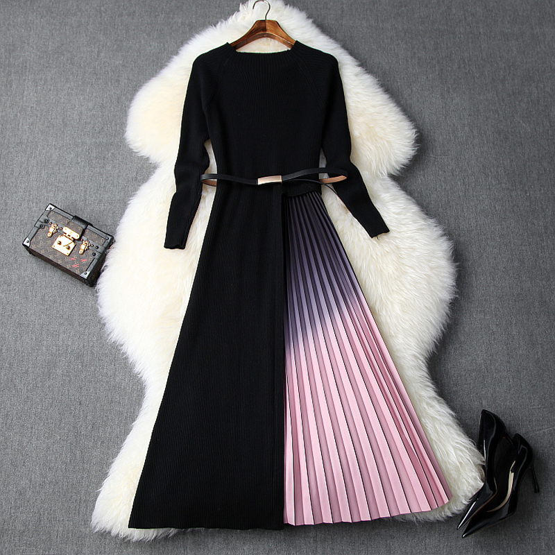 

2019 NEW Christmas Elastic Pleated dress Vintage sweater dresses knitting Splicing autumn full sleeve Women Winter Party Dress, Black