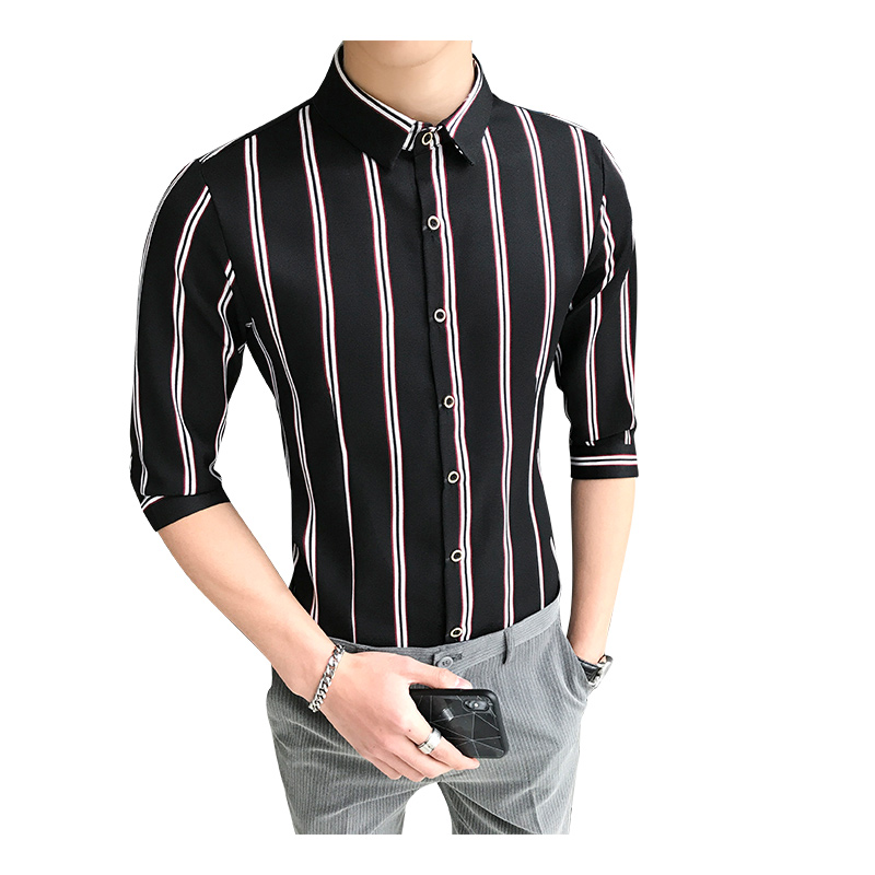 

2020 Summer Fashion Striped Casual Mens 3/4 Sleeved Shirts Fabric Soft Comfortable Men Dress Slim Fit Social Formal Shirts 5XL, Black striped shirts