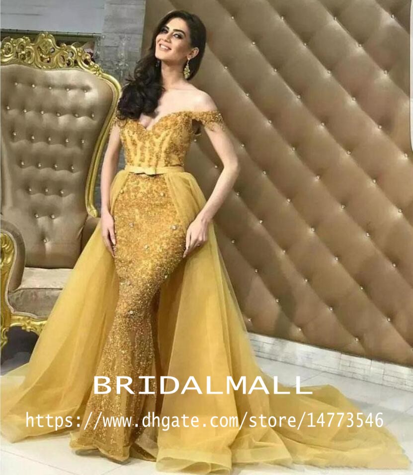 

African 2020 Gold Tulle Mermaid Evening Dresses Detachable Skirts Off the shoulder Sequined Lace Mermaid Prom Dress Dubai Formal Party Gowns, White