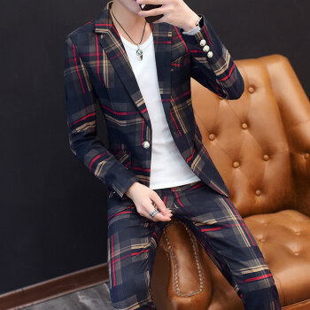 

2019 new men's autumn men's jacket Slim casual suit Korean version of the trend lattice suit two-piece, Sky blue