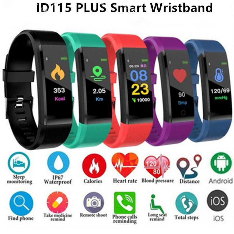 

ID115 Plus Smart Bracelet Wristband Fitness Tracker Smart Watch Heart Rate Health Monitor Universal Android Cellphones with Retail Box MQ50