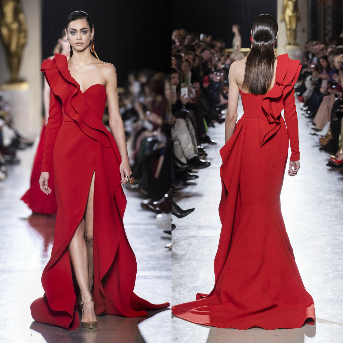 

Elie Saab Evening Dresses One Shoulder A Line Ruffles Sweep Train Red Prom Dress 2020 Elegant Vestidos De Novia Side Split Gowns, Pink
