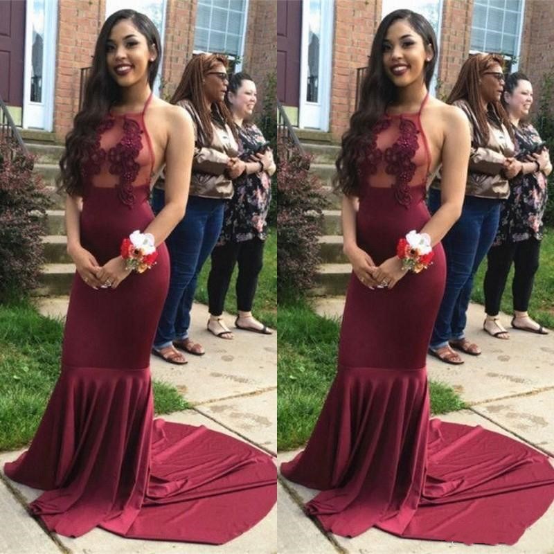 

Sexy Black Girls Prom Party Gowns Halter Evening Gowns Elastin Satin With Applique Lace Special Occasion Dresses, Yellow