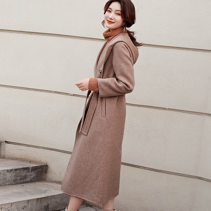 

Deliccolor 2019 New Wool Fabric Overcoat hooded Belt Super-long overcoat Loose full sleeve office lady, Black