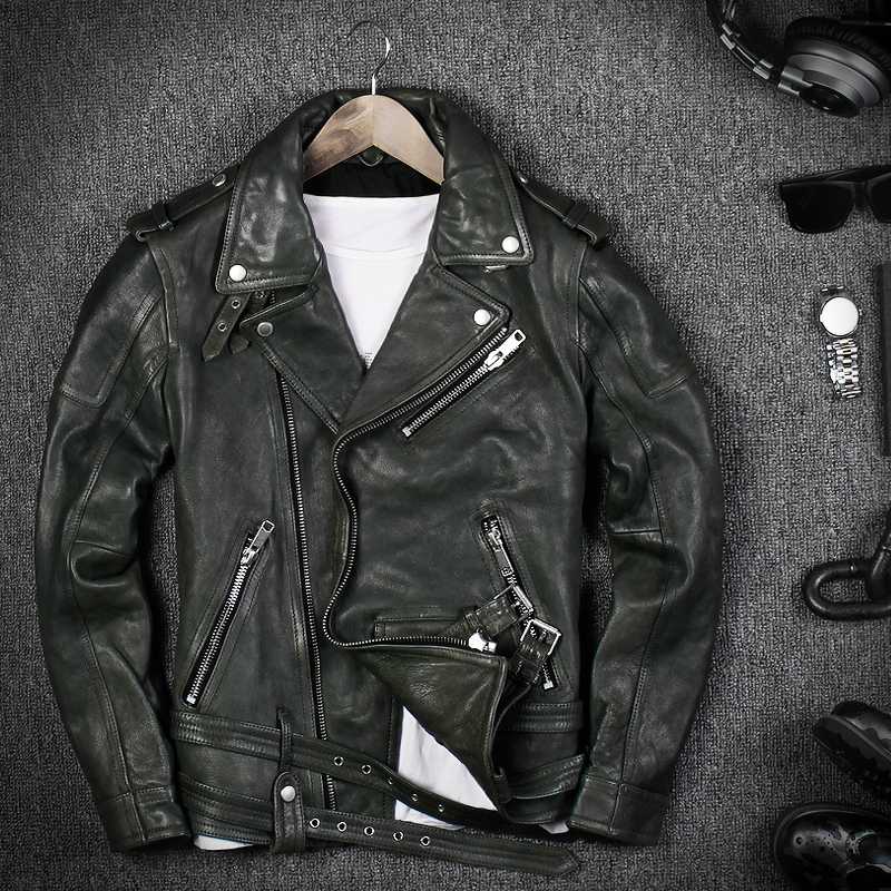 

200% Genuine Leather Jacket Real Sheepskin Coat for Men Short Slim Full Punk Style Plus Size 2020 Spring and Autumn 28004, Black