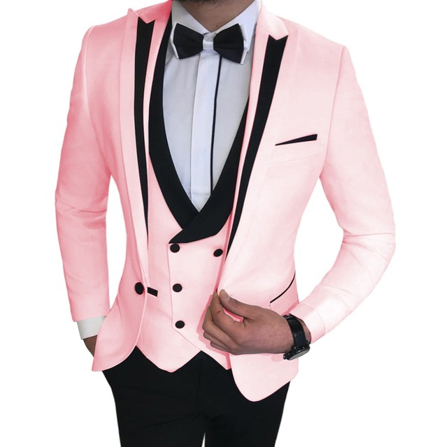

2020 Latest Coat Pant Designs Pink Custom Made Formal Wedding Men Dress 3 Pieces Suits Slim Fit Groom Wedding Suits For Men, As picture
