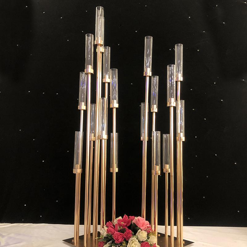 

Flowers Vases 8 heads Candle Holders backdrops Road Lead props Table Centerpiece Gold Metal Stand Pillar Candlestick For Wedding Candelabra