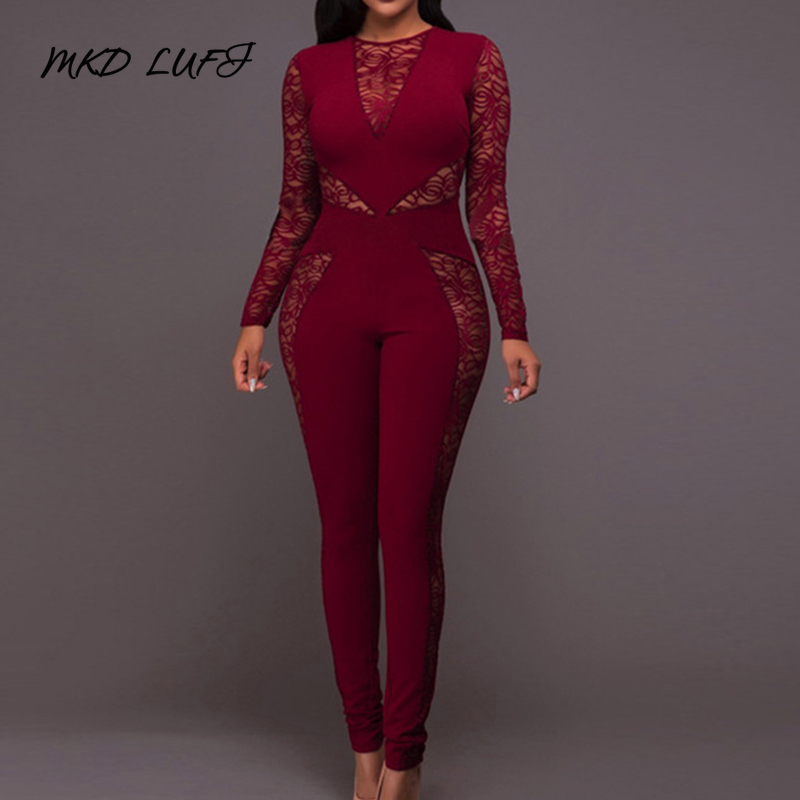 

Women High Waist Hallow Out Lace Insert Skinny Jumpsuits Zipper Back Casual One Piece Overalls, Blue