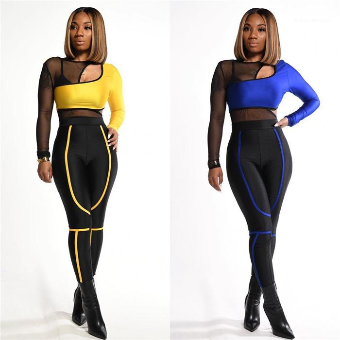 2PCS évider rayé Ensembles femelles de mode à manches longues Crayon Pantalons Survêtements Femmes Sexy Mesh Costumes lambrissé Spring Designer S