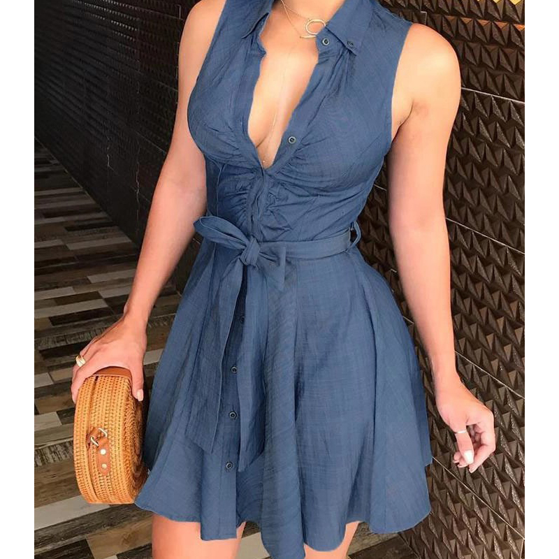 

2019 New Summer Blue Mini Sundress Turn-down Dress Sexy Low-Cut Tunic Sleeveless Sashes Bow A-Line Vestidos Streetwear Dresses