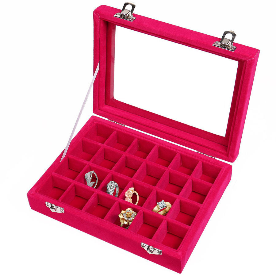 

24 Grids Velvet Jewelry Box 7 Colors Rings Earrings Necklaces Makeup Holder Case Organizer Jewelery Storage Box 10pcs OOA7426-14, As picture