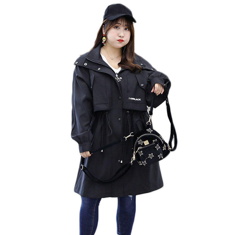 

High Quality Female Windbreaker For Women Large Size 4XL Windproof Long Trench Coat Loose Autumn Winter Casual Trench Tops 2020, Black