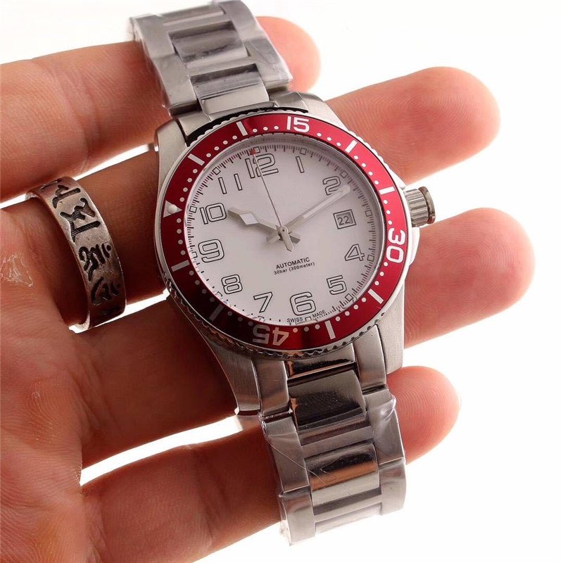 Hot Sell Luxury Watch Mechanical Automatic Watches For Men Stainless Steel Band White Face Red Bezel LON11-image-540815542
