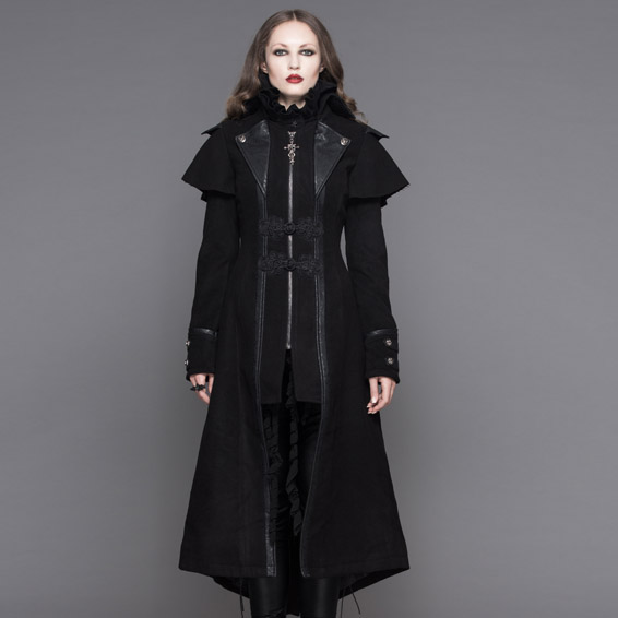 

Devil Fashion Gothic Vintage Coat Women Black Long Jacket Women Zipper Winter Coat High Neck Leather Patchwork