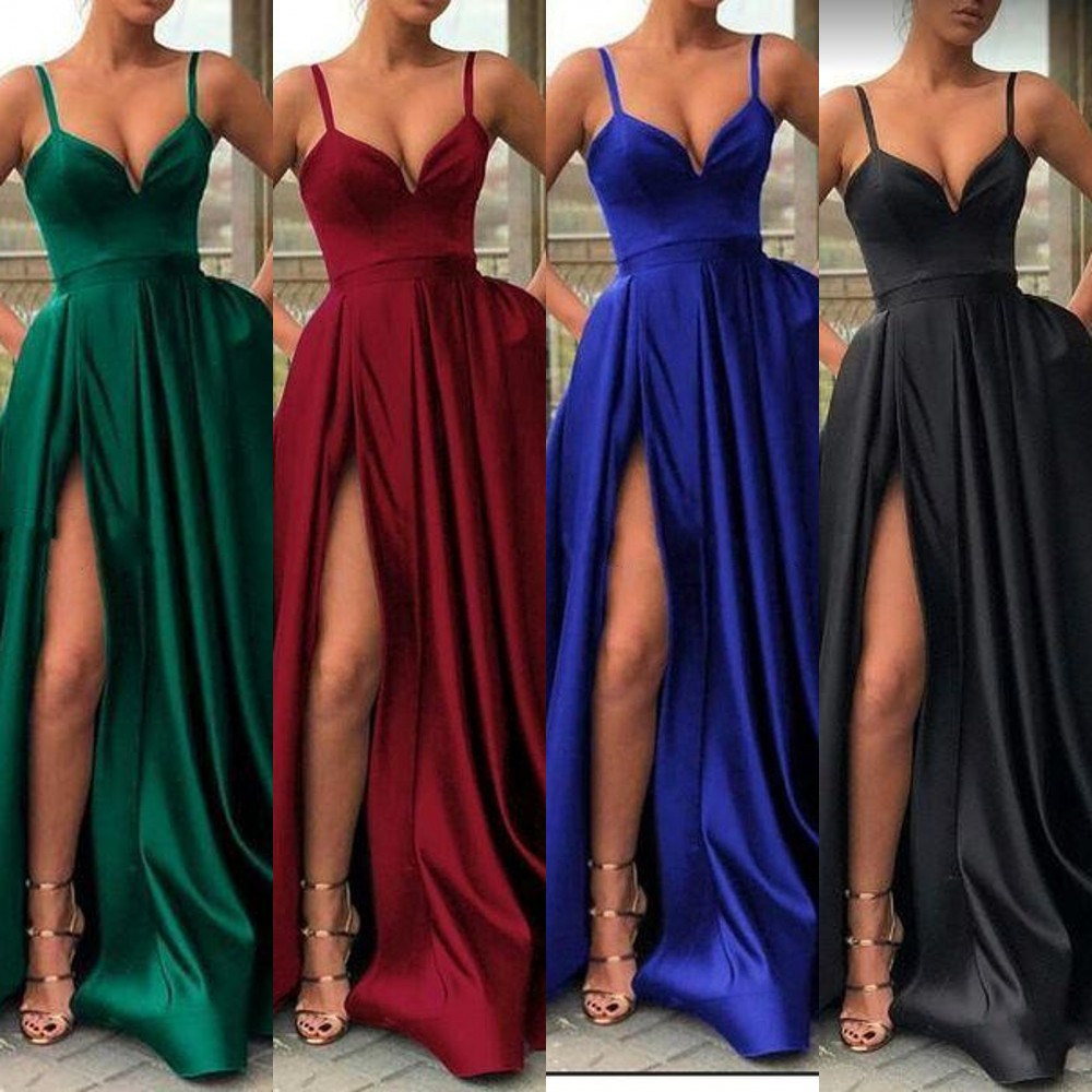 

Dubai Middle East Evening Dresses Wear Cheap Black Dark Red Spaghetti Straps For Women High Split Satin Formal Prom Gowns Vestidos De Festa