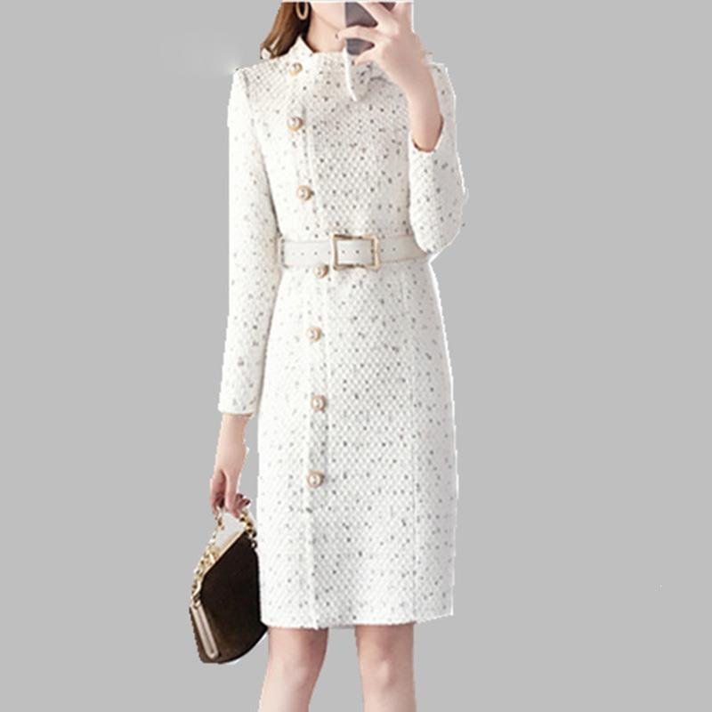 

Fall Winter Women Plus Size Long Sleeve Tweed Dress Female Slim With Belt Midi Dress Elegant Bowknot Office, As picture