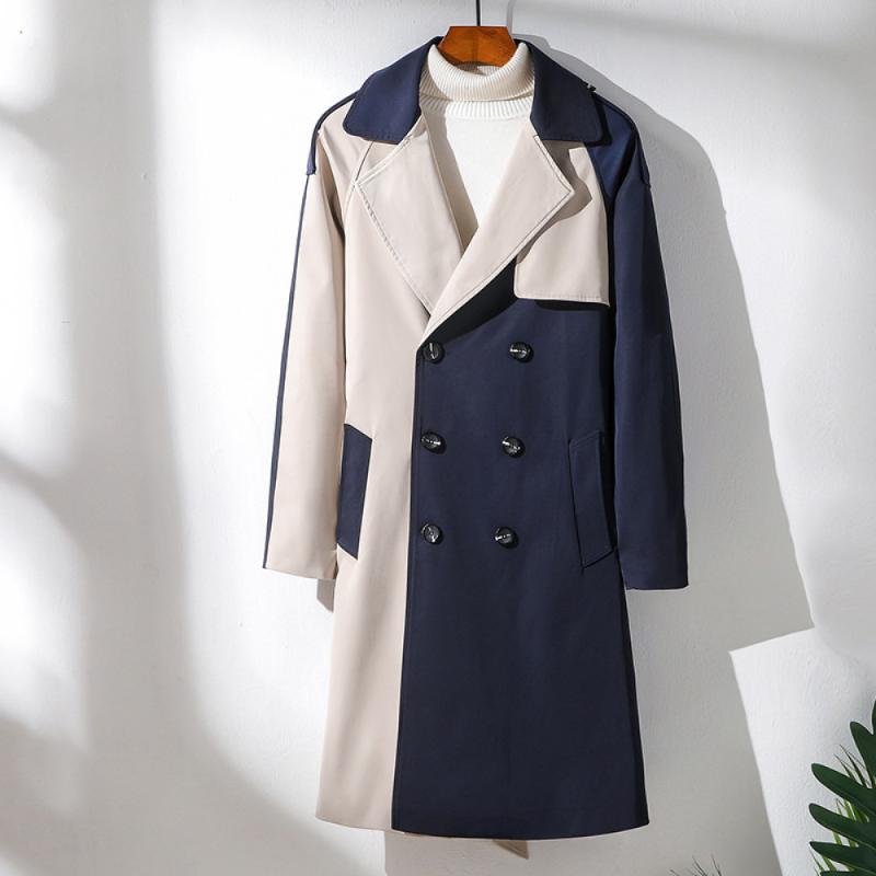 

2020 New Contrasting Color Stitching Trench for Men Spring Autumn Handsome Mid Length Coat Korean Double Breasted Windbreaker, Khaki