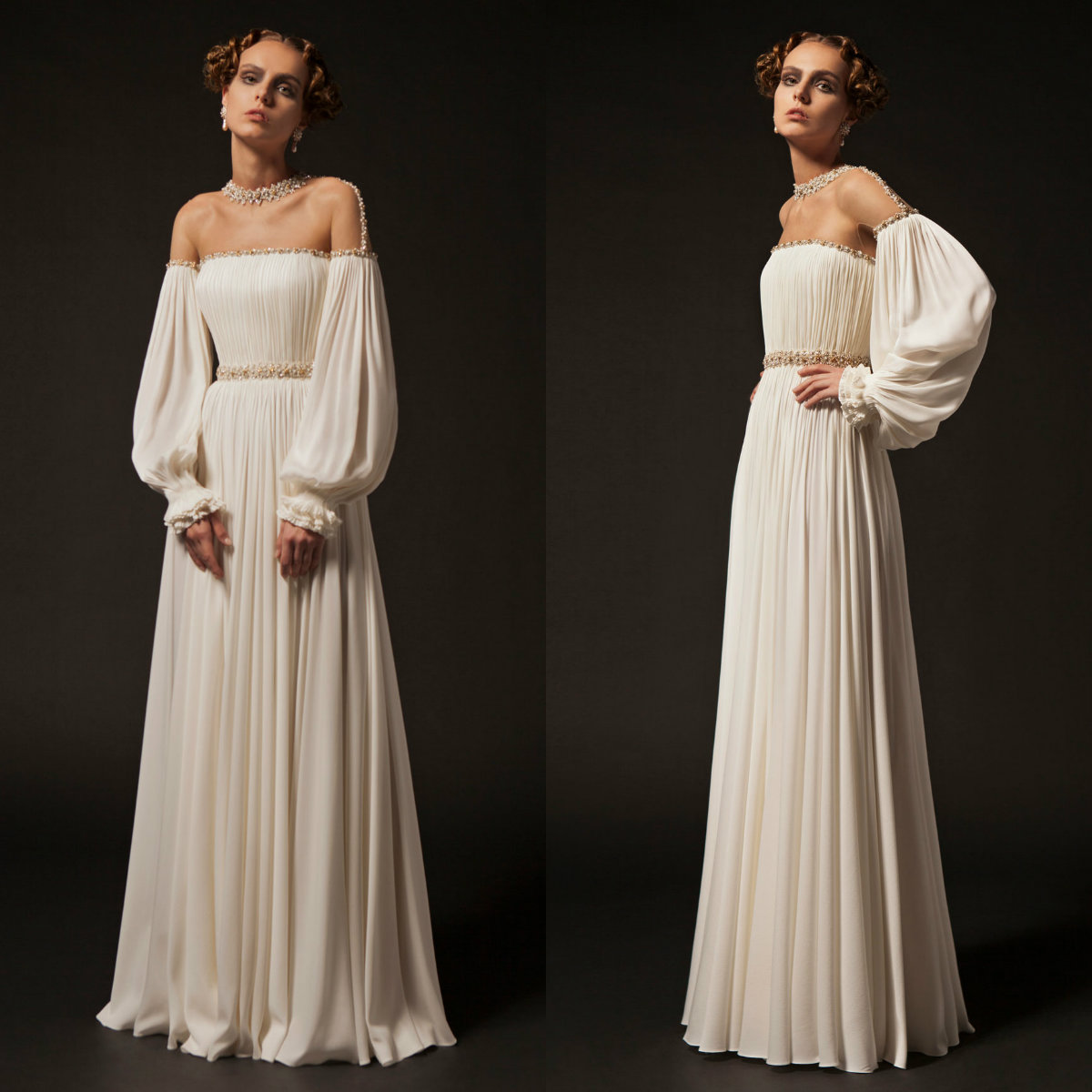 

2019 Krikor Jabotian Beaded Prom Dresses Off The Shoulder Floor Length Long Sleeve Chiffon Evening Dress Custom Made Cocktail Party Gowns, Water melon