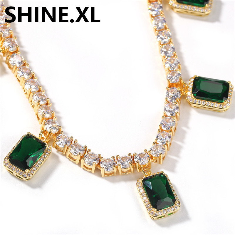 

Luxury Design Jewelry 18K Gold Plated Tennis Chain Necklace with Green Diamond Mens Gold Necklace Chain