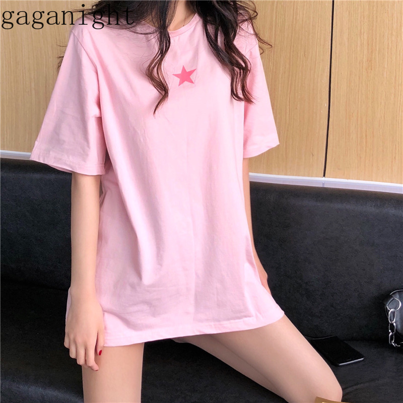 

Gaganight Stars Print Women Long T Shirt Half Sleeves O Neck Casual Loose Tshirts Female Summer Fashion Tops Girls Tee Shirt, Black