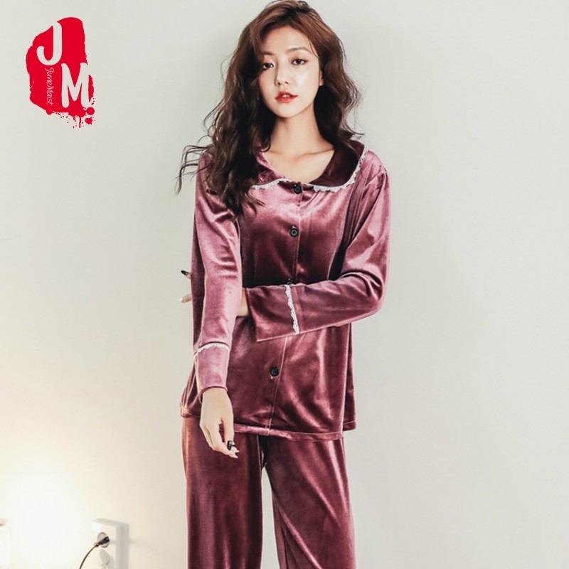 

New Winter Pajamas Women Warm Velvet Pijama Long Pajamas Set Christmas Pyjamas Leisure Sleepwear Set Top +Pant Sets L XL