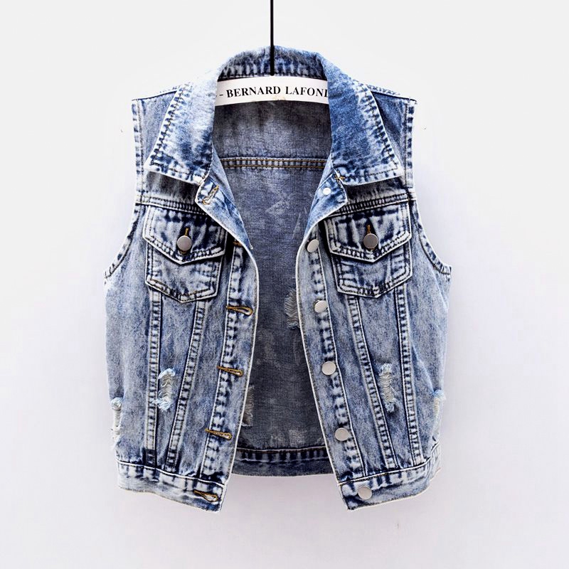 

Spring Summer Fashion Plus size Slim Denim Vest Women Vintage Waistcoat Frayed Sleeveless Jacket Coat Short Jeans Vests Female, Blue