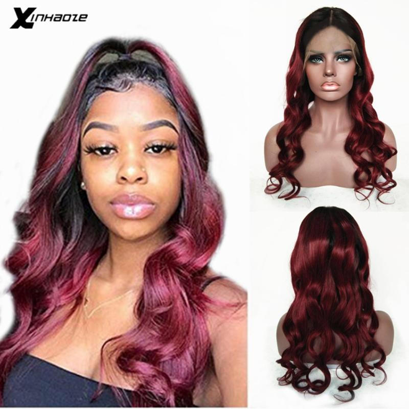 

1B/Burgundy Ombre 99J Color Lace Front Human Hair Wig With Baby Hair 13*4 Body Wave Brazilian Remy Lace Wig 150% Density, As pic