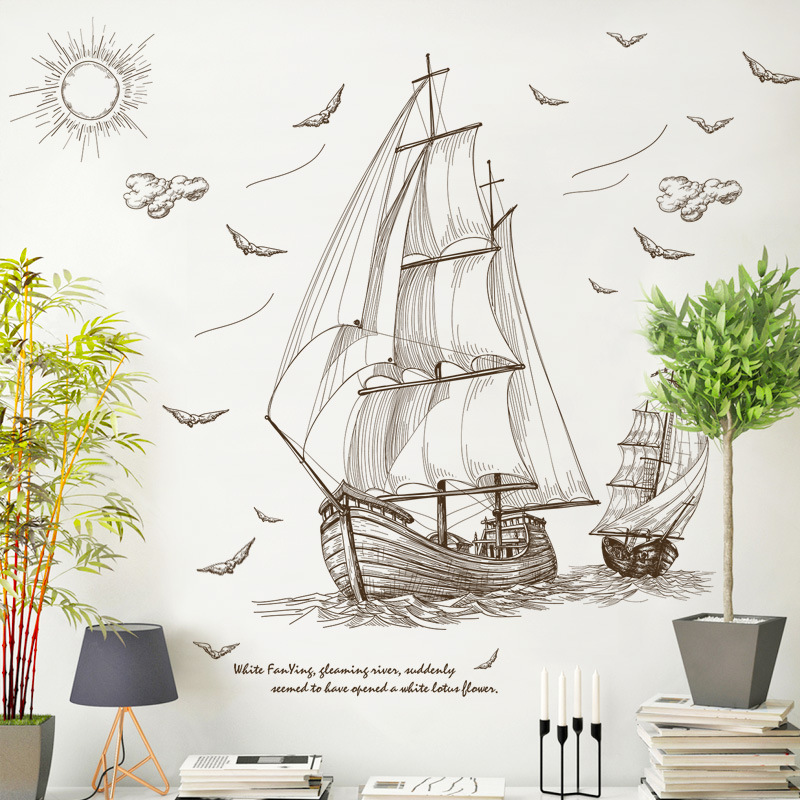 

Retro Sailing Trip Self-adhesive Decoration Stickers Living room Bedroom Restaurant Wall Background Landscaping Wall Stickers DIY Art Decal, As shown