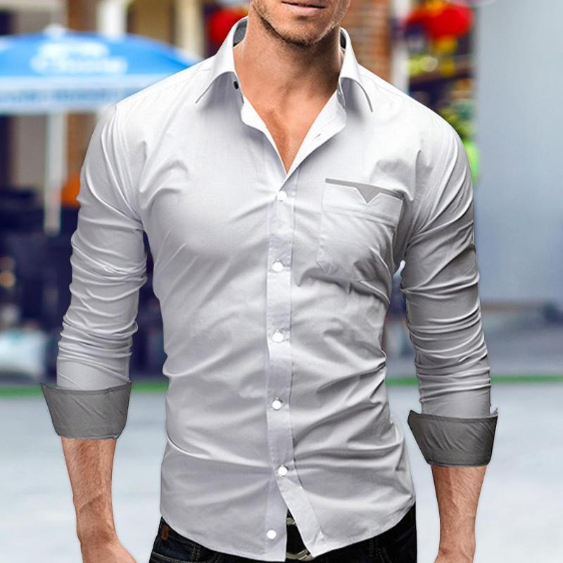 

Men Plaid Stitching Long Sleeves Buttons Autumn Turn Down Collar Tops Shirt, White