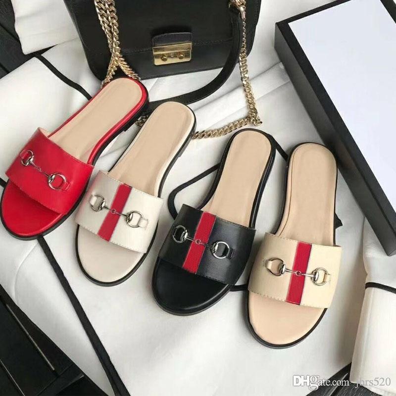 

Designer Summer Beach slippers fashion Loafers Lazy Low heeled flops leather Letters lady Cartoon Slides women shoes Metal Ladies Sandals Large size 35-39-42 us4-us11, Red