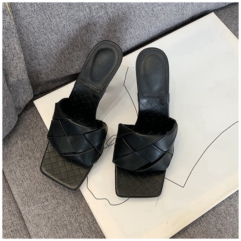 

Fashion Design Women Slipper Thin High Heels Square Toe Sandal Slipper Summer Ladies Slide Elegant Dress Shoes, Beige