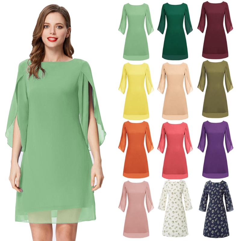 

Women' Dresses Summer Double-Layer 3/4 Split Sleeves Scoop Neck V-Back Chiffon Dress Elegant Casual Lady Knee Loose Dresses, Leaves