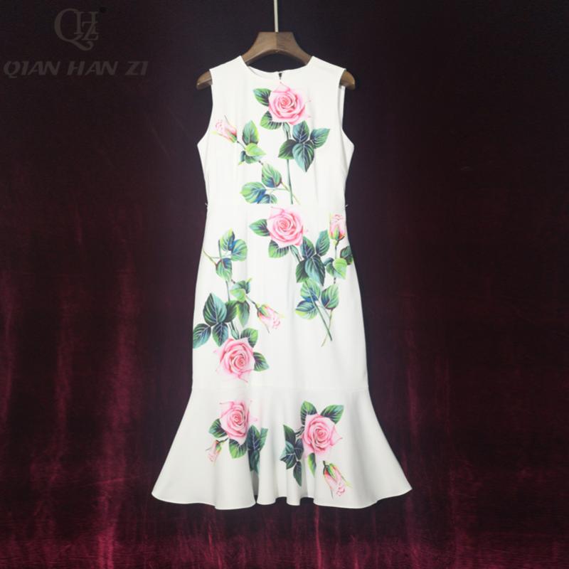 

Qian Han Zi 2020 Designer Fashion Summer Dress Women' sleeveless rose print elegant mermaid bodycon dress, White