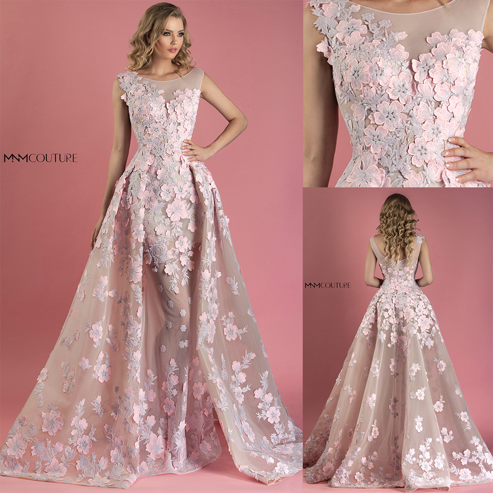 

2020 Floral Evening Dresses Scoop Neck Appliqued Sleeveless Prom Dress Open Back Ruffle Sweep Train Custom Made Formal Party Gown, Light sky blue