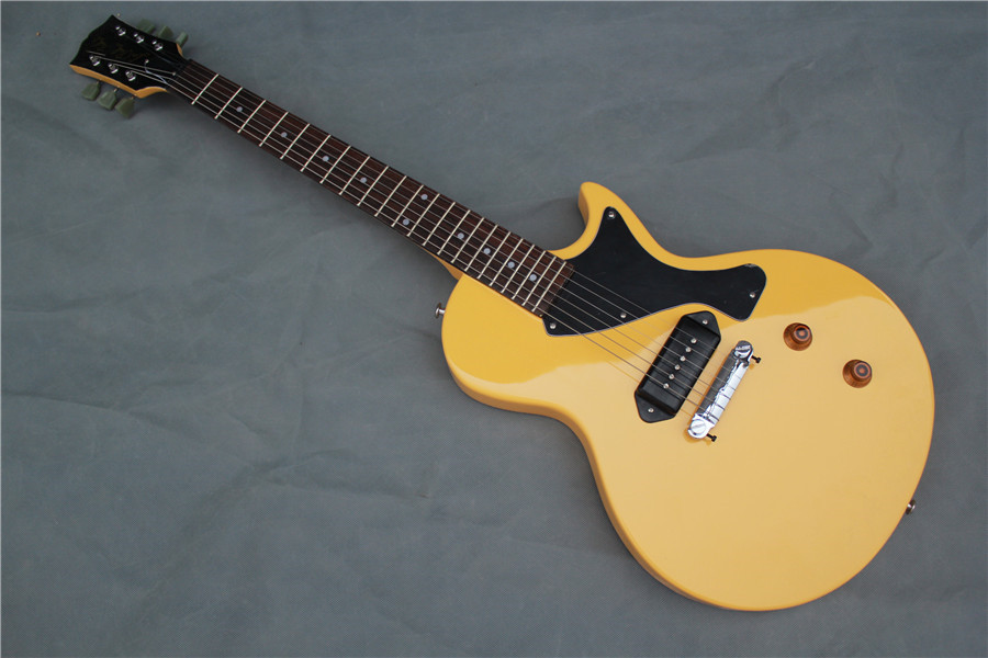 

free delivery plane flat guitar,yellow guitar,mahogany neck,upside down bridge ,black P90 pickup,Imitation jade button,2 gold switch