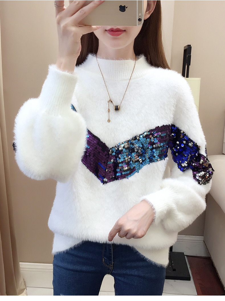 

winter Women Sweaters and Pullovers lady Casual Sequined Sweater Solid Knitted Loose Jumpers Sweater female pullovers, Black