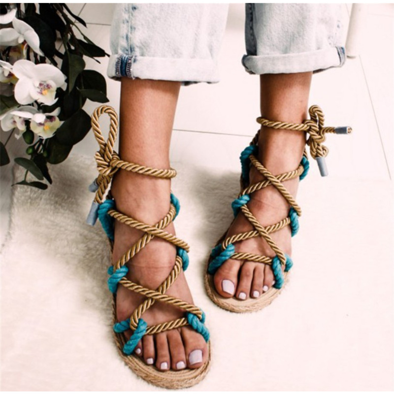 

Sandals Women Summer Rope Lace Up Gladiator Flat Sandals Ladies Beach Femme Shoes Woman, Blue
