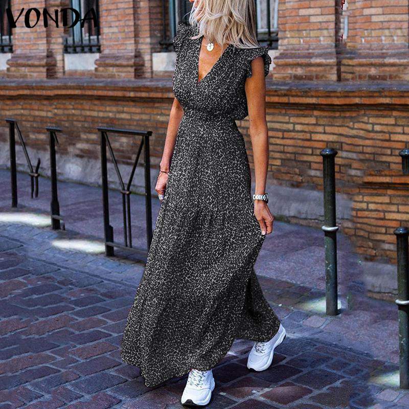 

VONDA 2020 Women Long Maxi Dress Summer Sexy V Neck Sleeveless Vintage Leopard Printed Party Dresses Plus Size Bohemian Vestidos, Black
