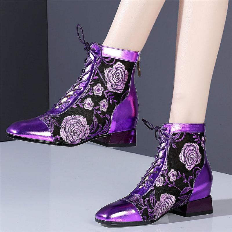 

Women Lace Up Genuine Leather Low Heel Ankle Boots Female Breathable Square Toe Wedding Party Pumps Shoes Summer Casual Shoes, Purple