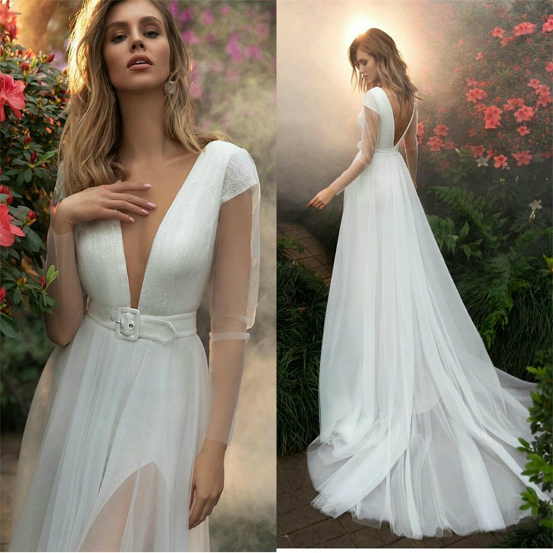 Cheap Wedding Dresses V-neck Long Sleeve Ruched Satin Sequins A Line Bridal Dress Sexy Backless Sweep Train Beach Robes De Mariée