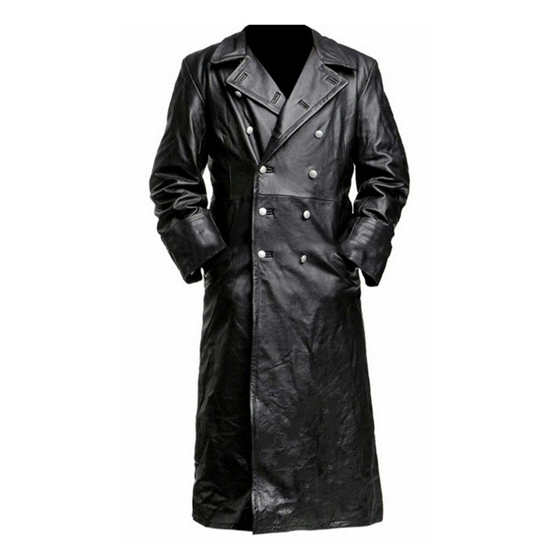 

DIHOPE Button Closure Leather Jacket Top Quality Long Trench Winter Warm Business Outerwear Officer Black Leather Coat