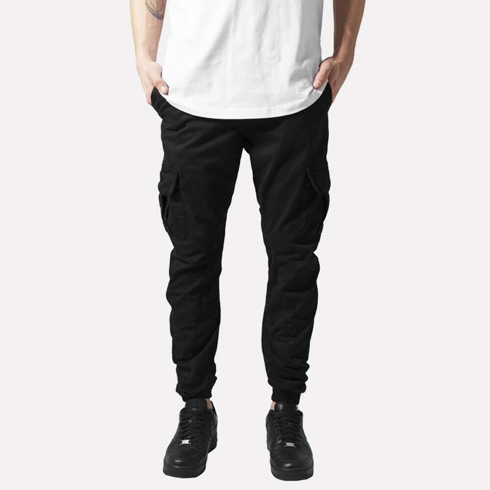 

High Quality Men's Slim Fit Pocket Urban Beam Foot Trousers Male Casual Durable Pencil Cargo Pants 4 Colors Plus Size, Black